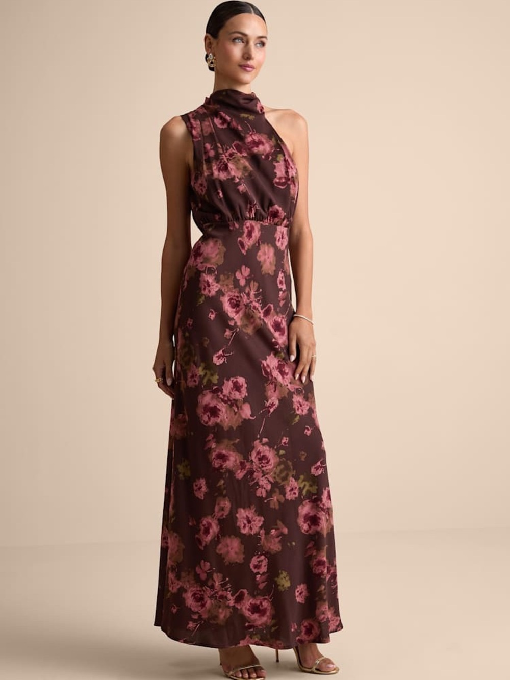 Distinctive Charm Brown Floral Satin Asymmetrical Maxi Dress